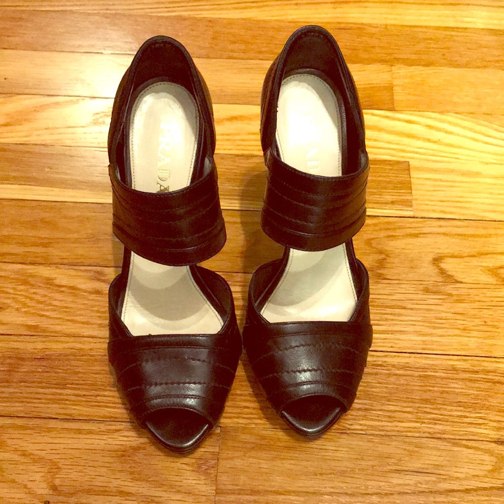 Black Leather Peep-Toe Women's Heels -Prada Designer Style